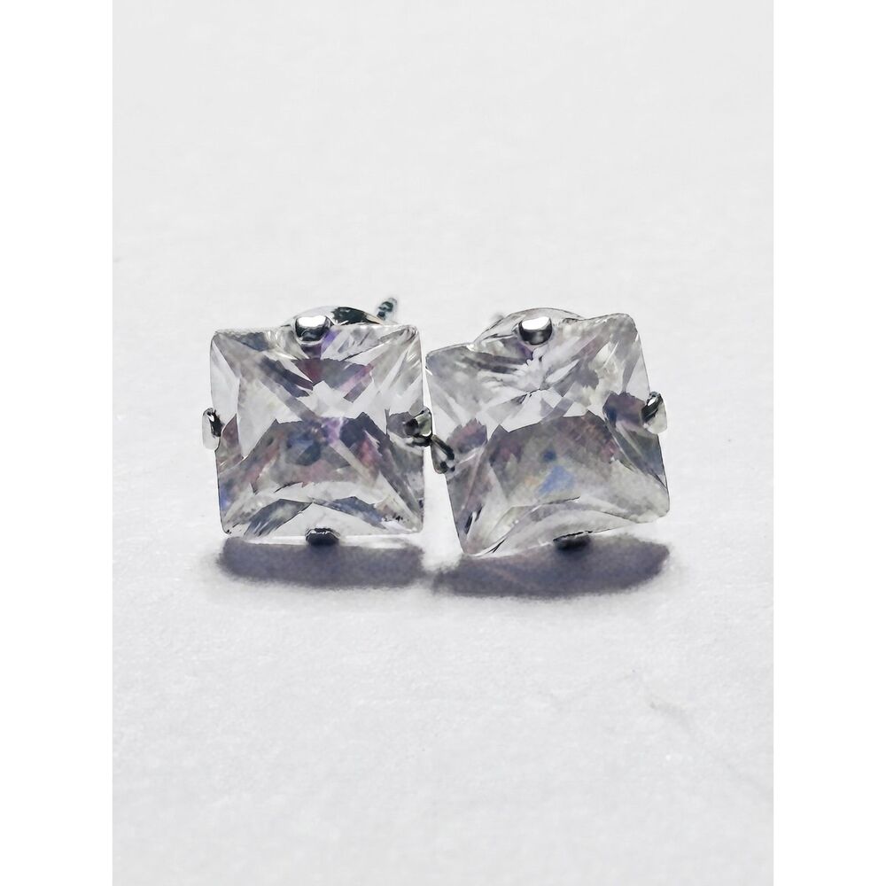 Princess Cut Clear CZ Stud Earrings Silver Tone Signed 925 Posts